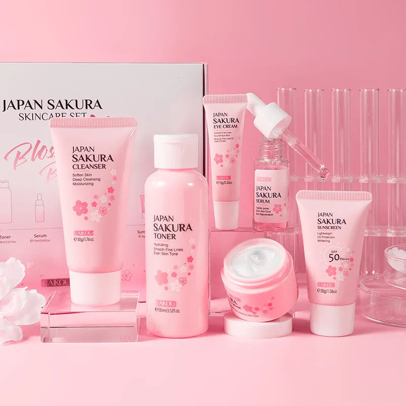 Sakura Skin Care Set – 5 or 6-Piece Kit with Cream, Serum, Toner, Cleanser, Sunscreen & Eye Cream
