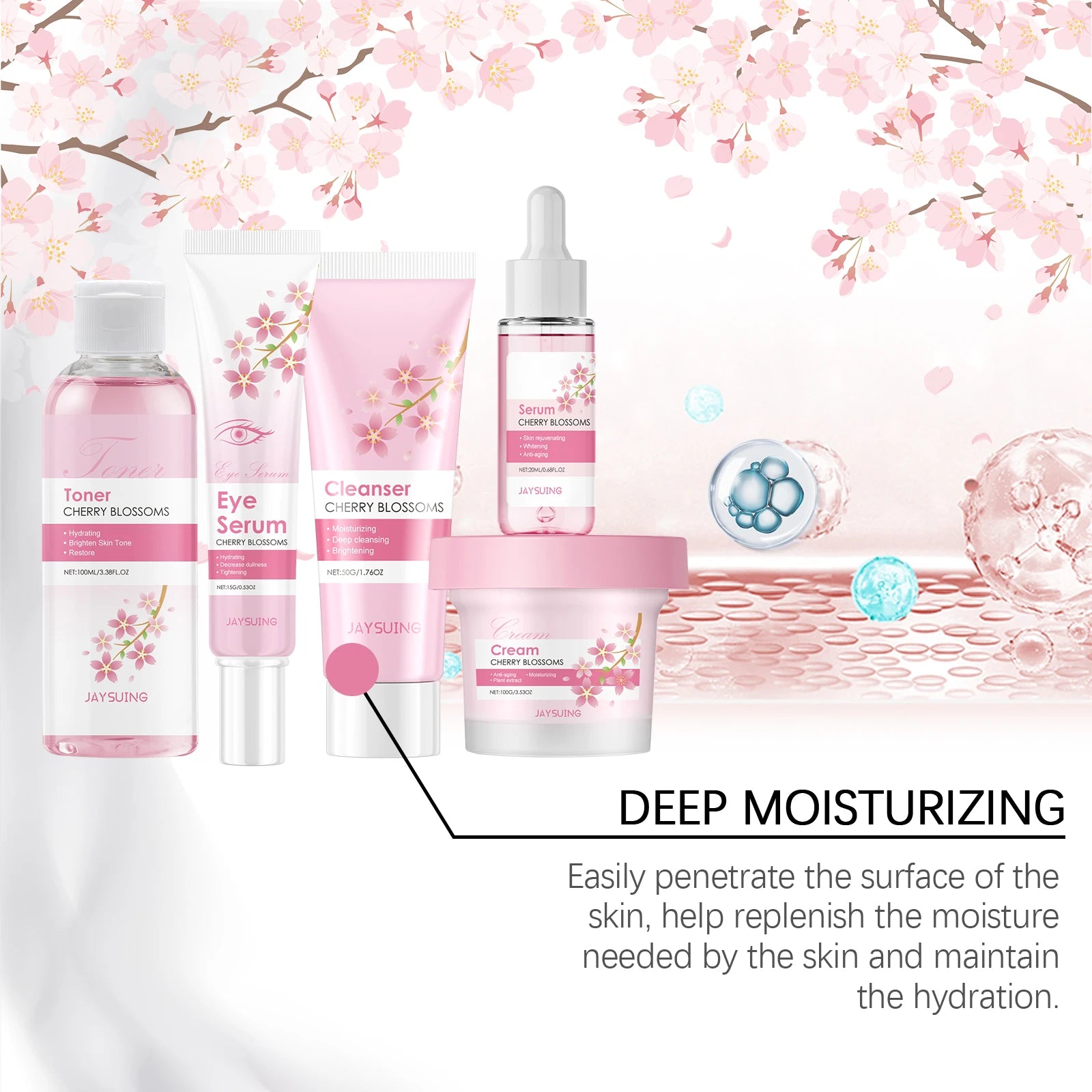 Sakura Skincare Set for Women – Moisturiser, Serum, Toner, Cleanser & Eye Cream Anti-Wrinkle Kit