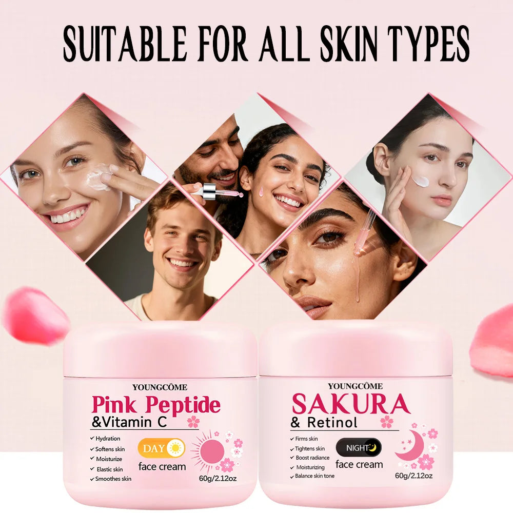 4-Piece Day & Night Skincare Set – Pink Peptide Vitamin C Day Cream + Sakura Retinol Night Cream & Essence