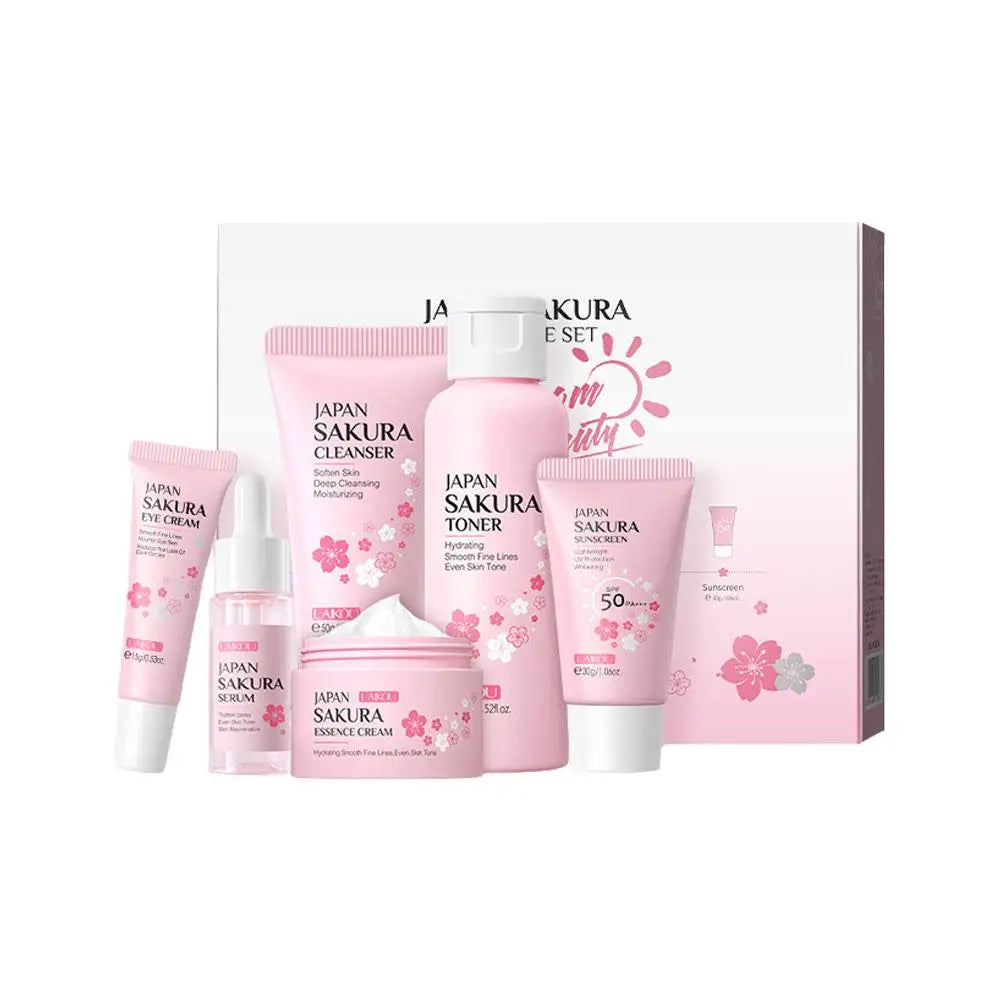Sakura Skin Care Set – 5 or 6-Piece Kit with Cream, Serum, Toner, Cleanser, Sunscreen & Eye Cream