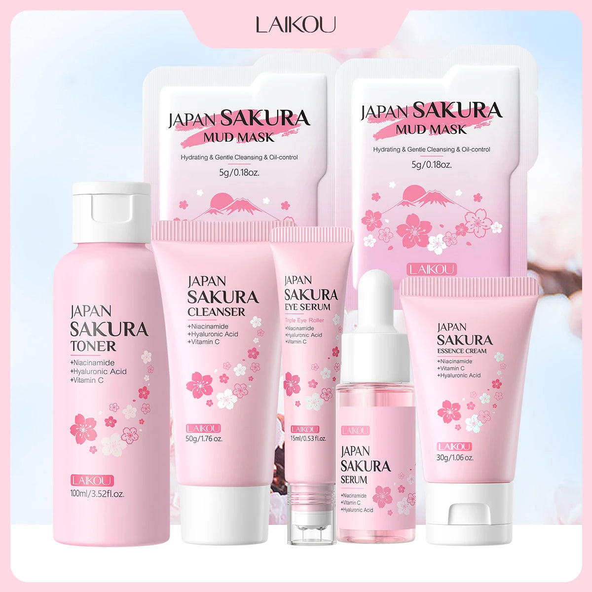 LAIKOU Sakura Full Facial Care Set – Cleanser, Toner, Serum, Eye Cream, Mud Mask & Moisturiser