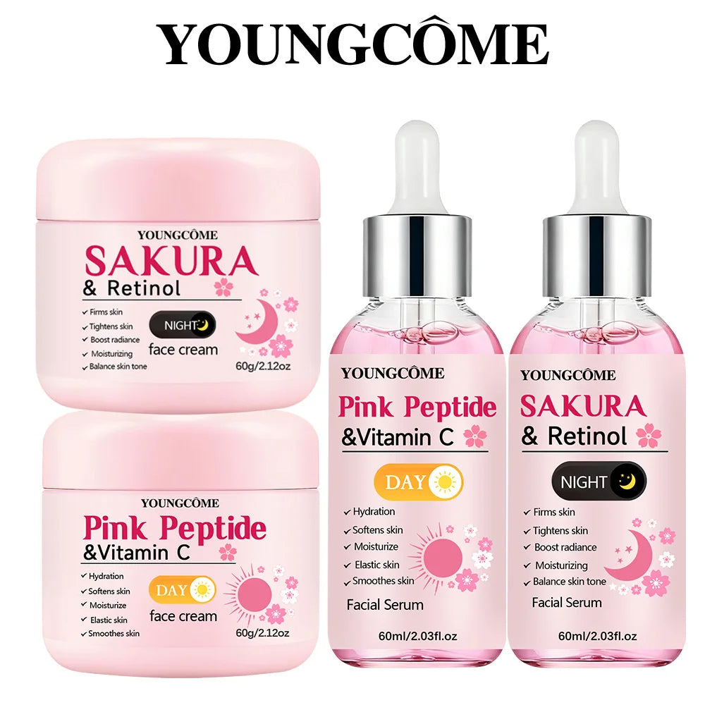 4-Piece Day & Night Skincare Set – Pink Peptide Vitamin C Day Cream + Sakura Retinol Night Cream & Essence
