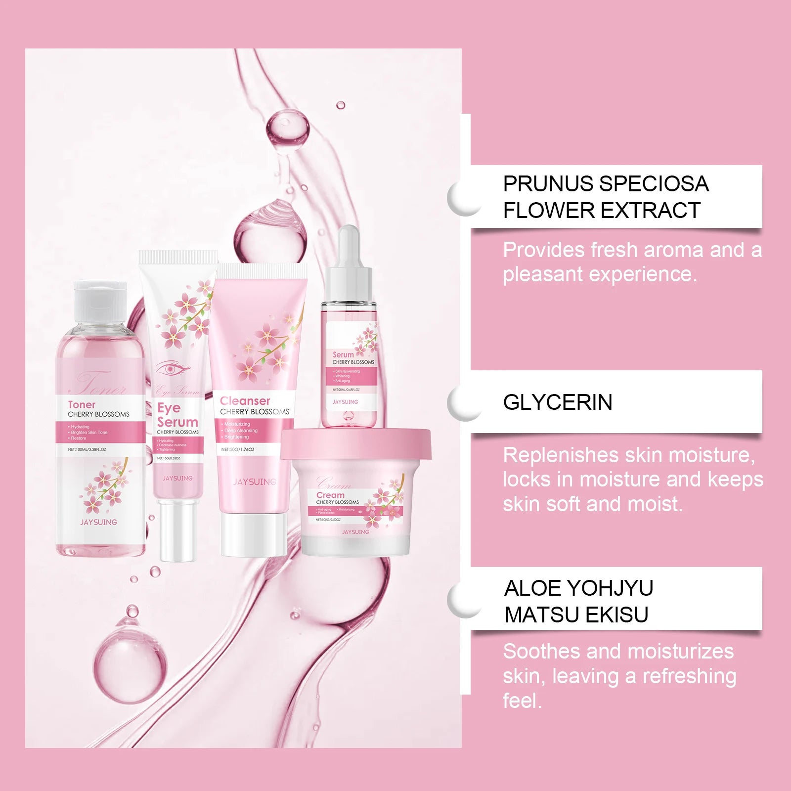 Sakura Skincare Set for Women – Moisturiser, Serum, Toner, Cleanser & Eye Cream Anti-Wrinkle Kit