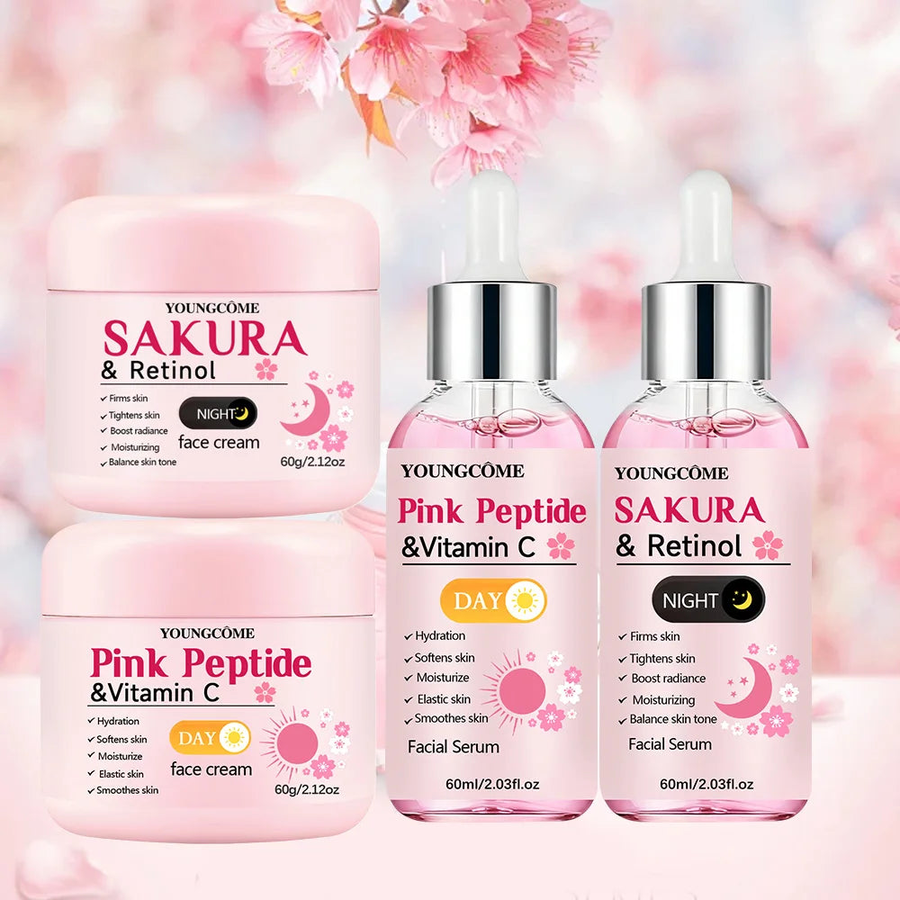 4-Piece Day & Night Skincare Set – Pink Peptide Vitamin C Day Cream + Sakura Retinol Night Cream & Essence