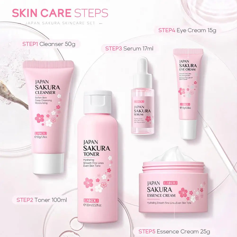 Sakura Skin Care Set – 5 or 6-Piece Kit with Cream, Serum, Toner, Cleanser, Sunscreen & Eye Cream