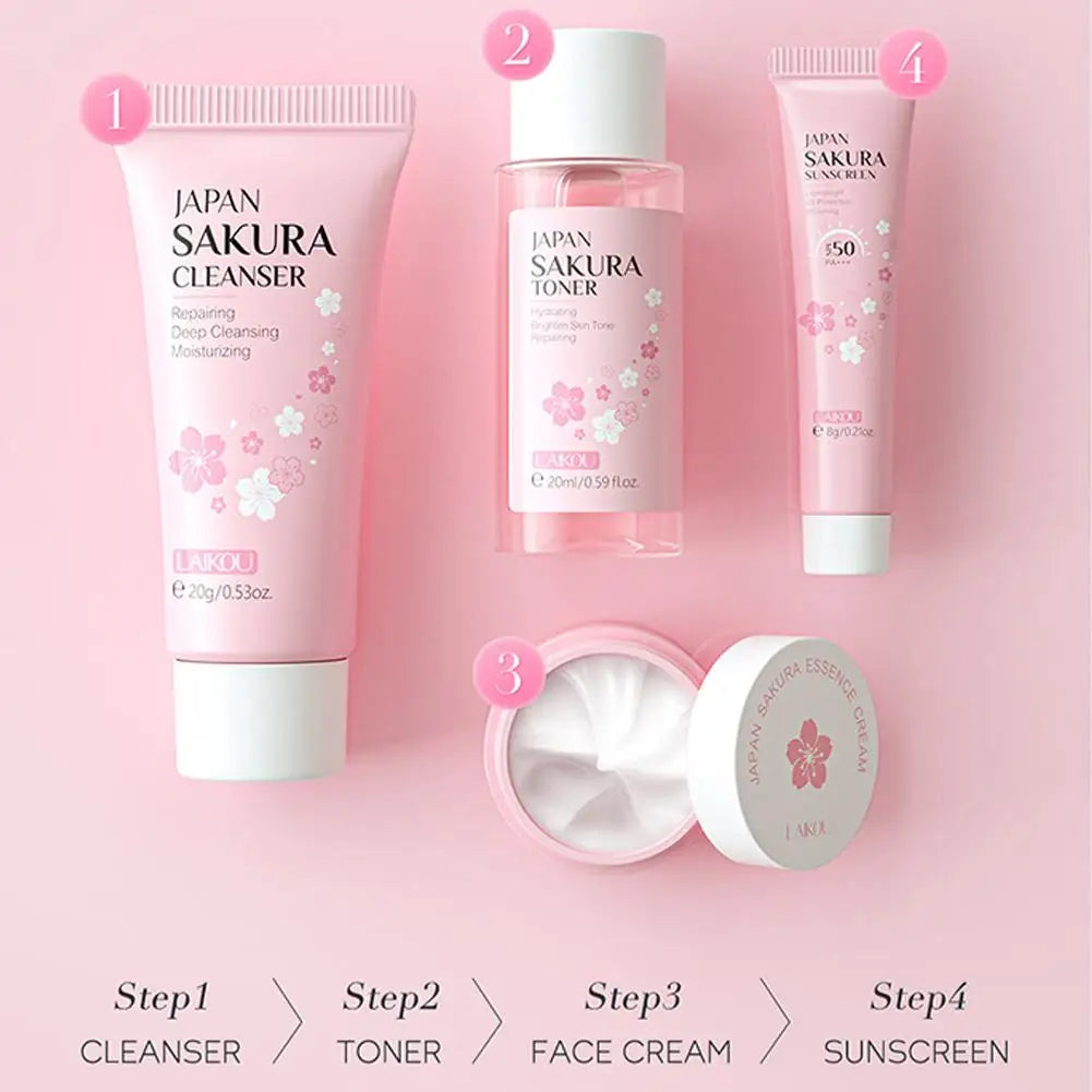 Sakura Skin Care Gift Set – Cleanser, Serum, Eye Cream, Essence Cream & Travel Kit for Women