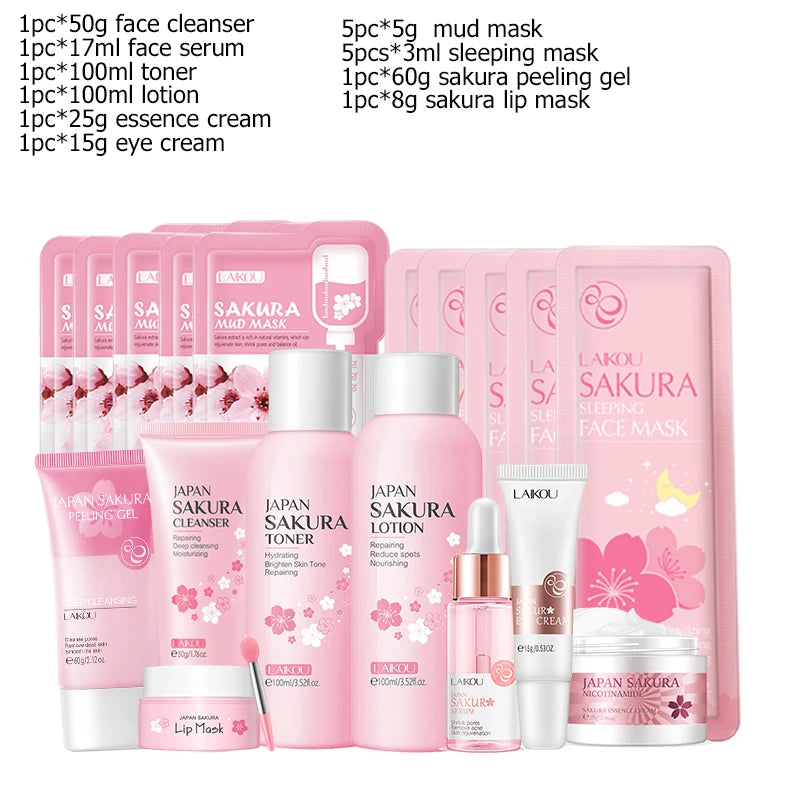 LAIKOU Japan Sakura Complete Skincare Set – Cleanser, Serum, Toner, Eye Cream & Sunscreen