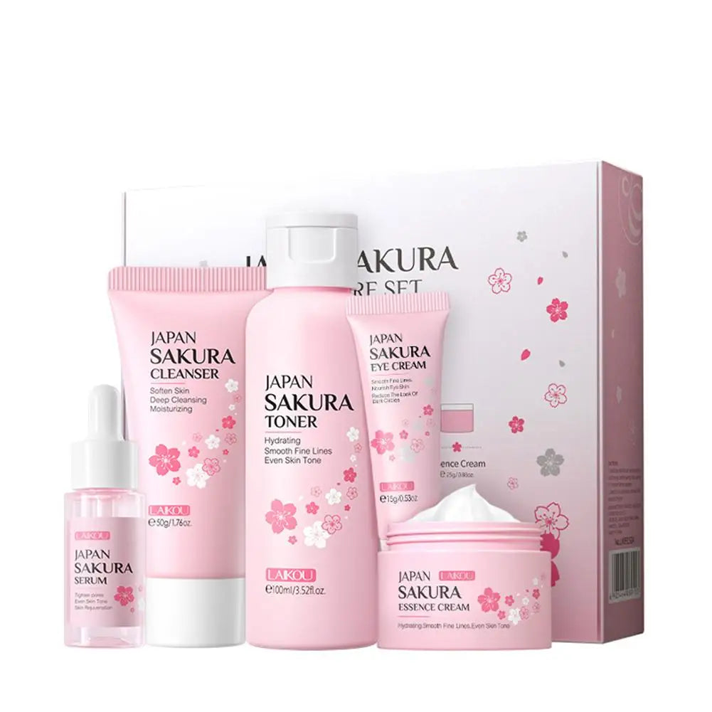 Sakura Skin Care Set – 5 or 6-Piece Kit with Cream, Serum, Toner, Cleanser, Sunscreen & Eye Cream