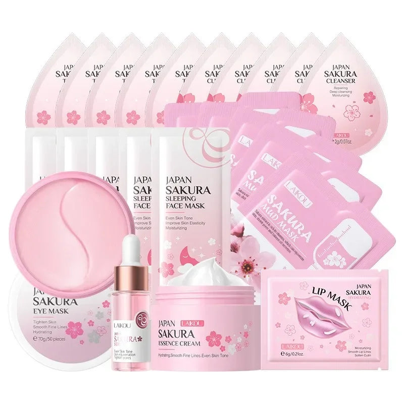 24-Piece Sakura Skin Care Set – Eye & Lip Masks, Serum, Mud Masks, Cleanser, Toner, Essence & Cream