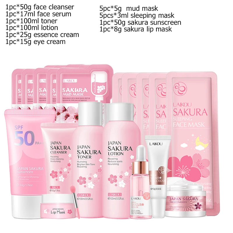 LAIKOU Japan Sakura Complete Skincare Set – Cleanser, Serum, Toner, Eye Cream & Sunscreen
