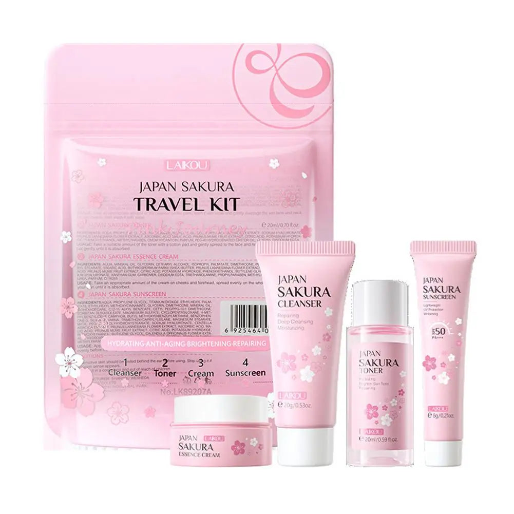 Sakura Skin Care Gift Set – Cleanser, Serum, Eye Cream, Essence Cream & Travel Kit for Women