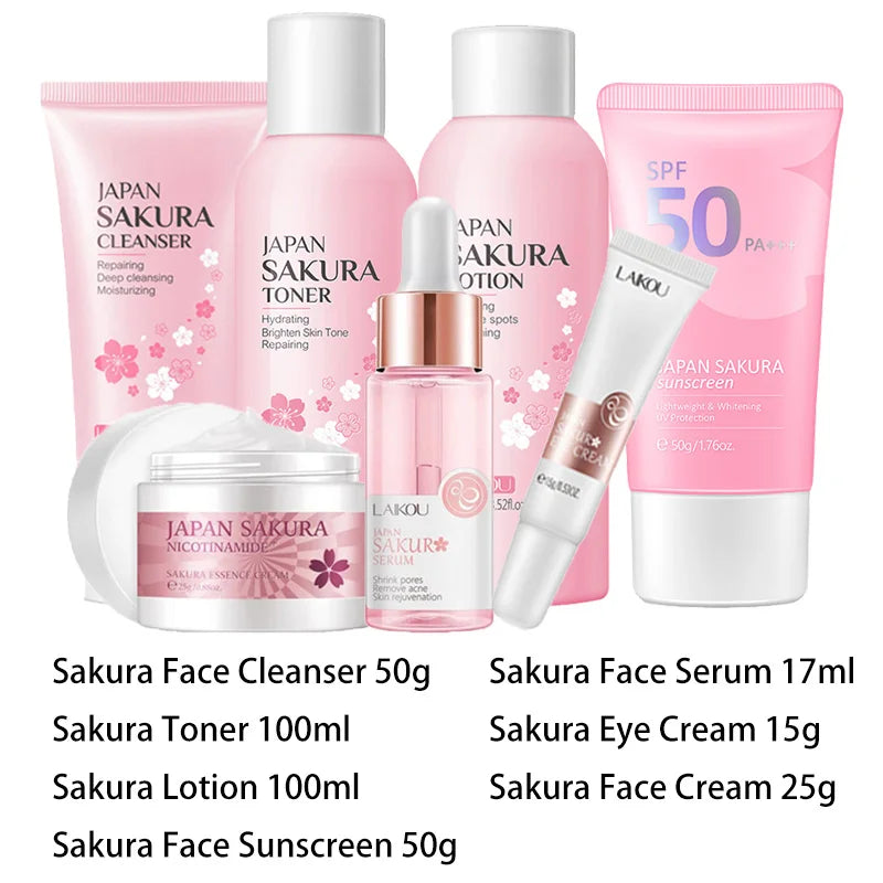 LAIKOU Japan Sakura Complete Skincare Set – Cleanser, Serum, Toner, Eye Cream & Sunscreen