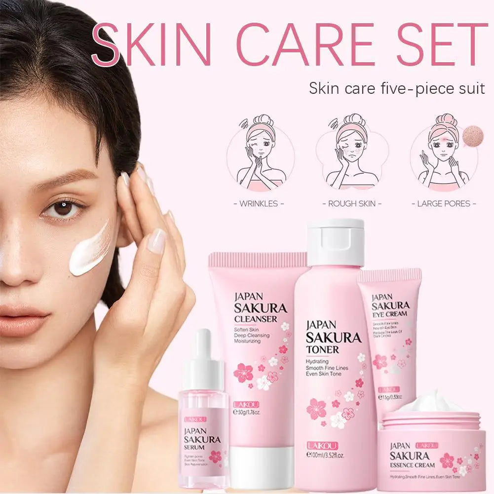 Sakura Skin Care Set – 5 or 6-Piece Kit with Cream, Serum, Toner, Cleanser, Sunscreen & Eye Cream