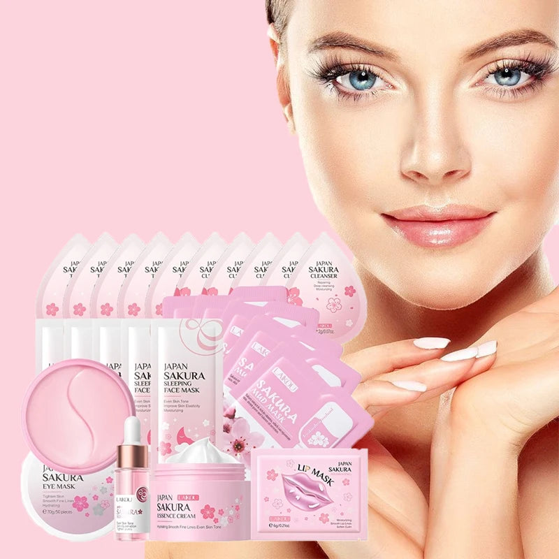 24-Piece Sakura Skin Care Set – Eye & Lip Masks, Serum, Mud Masks, Cleanser, Toner, Essence & Cream