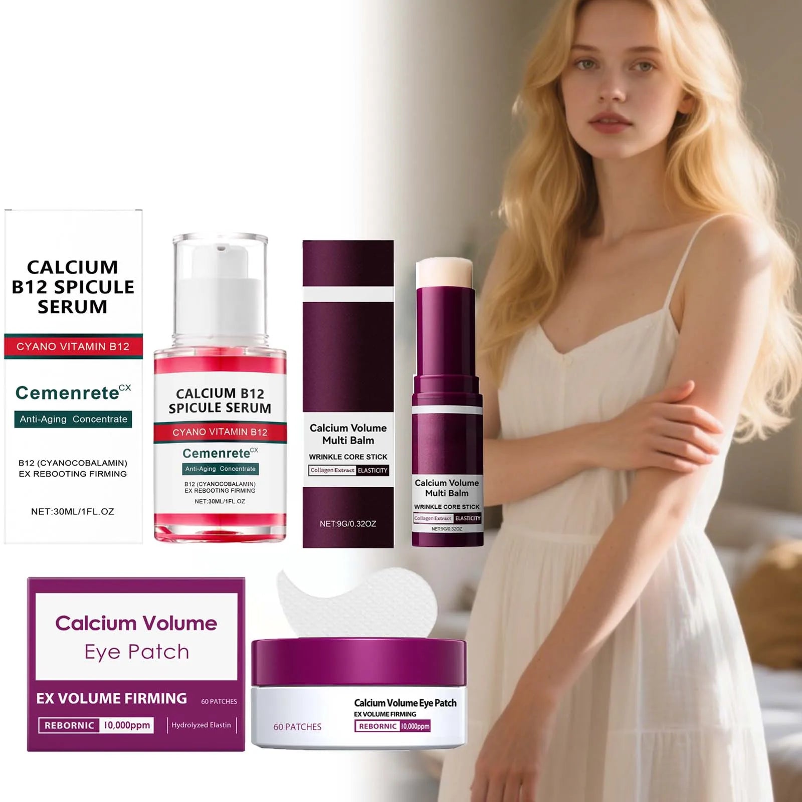 Calcium Skincare Set Anti-Aging Calcium Volume Facial Serum Eye Patches Multi Balm Fade Fine Lines Reduce Dark Circles Nourishes