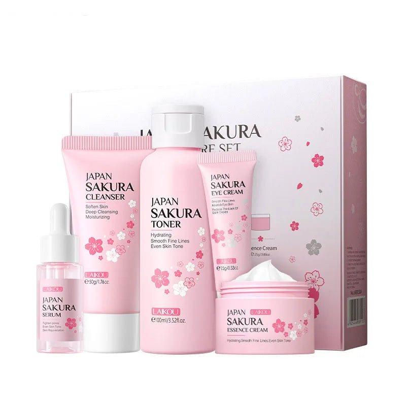 Sakura Skin Care Set – 5 or 6-Piece Kit with Cream, Serum, Toner, Cleanser, Sunscreen & Eye Cream