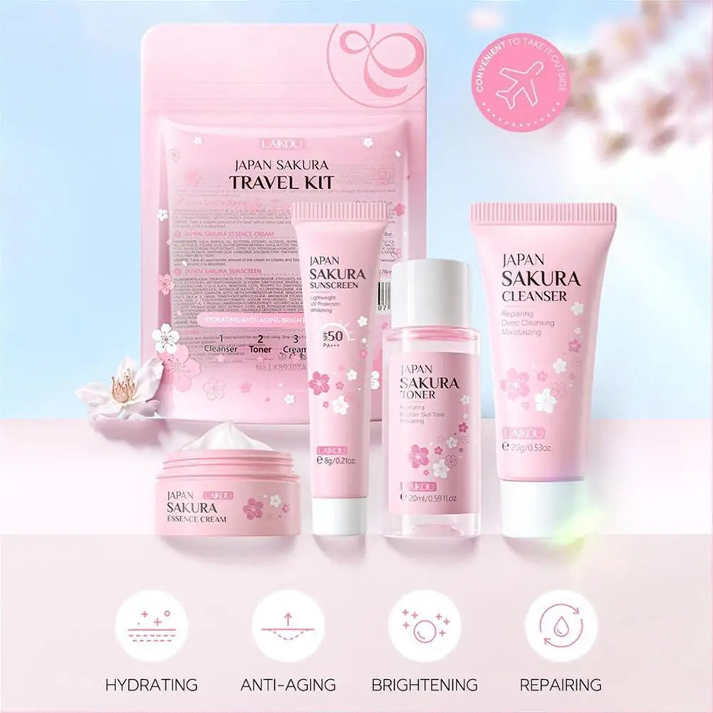 Sakura Skin Care Gift Set – Cleanser, Serum, Eye Cream, Essence Cream & Travel Kit for Women