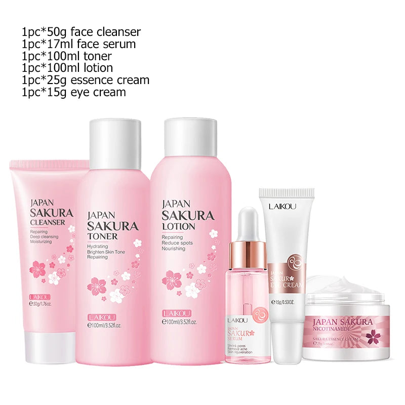 LAIKOU Japan Sakura Complete Skincare Set – Cleanser, Serum, Toner, Eye Cream & Sunscreen