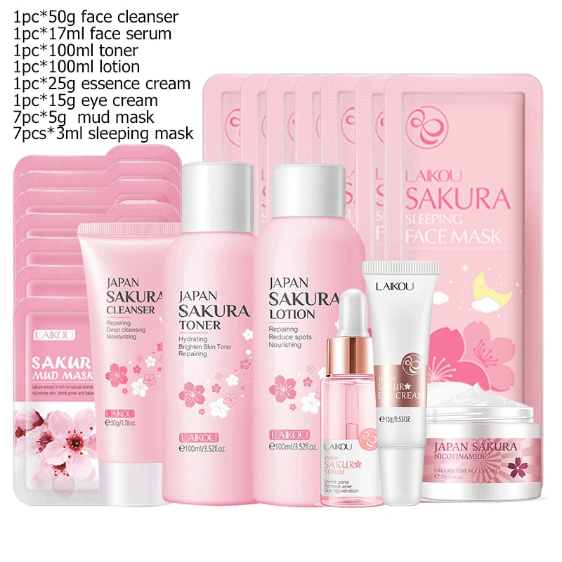 LAIKOU Japan Sakura Complete Skincare Set – Cleanser, Serum, Toner, Eye Cream & Sunscreen